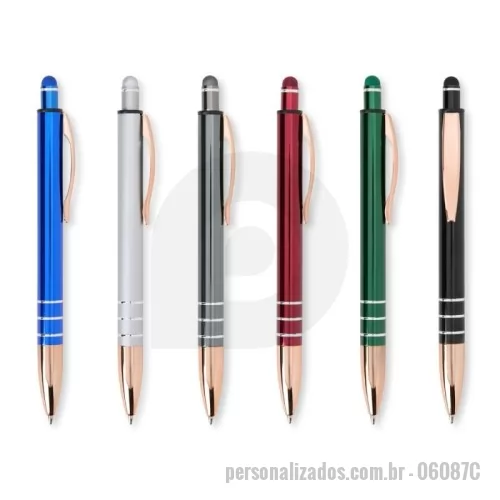 Caneta personalizada - Caneta metálica com acionador touch, clipe metálico e ponteira plástica. Carga esferográfica azul 1.0mm e acionamento por clique.