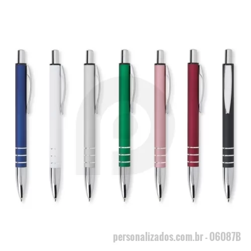 Caneta personalizada - Caneta metálica com acabamento fosco, clipe metálico e ponteira plástica. Carga esferográfica azul 1.0mm e acionamento por clique.