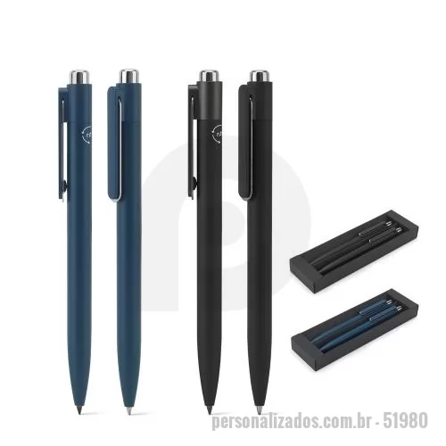 Caneta personalizada - Caneta Personalizada - 51980 - Conjunto composto por uma esferográfica e uma caneta sem tinta, ambas em alumínio 94% reciclado. A esferográfica tem escrita em azul at&eacute, 1’5 km e a caneta sem tinta permite um uso prolongado sem a necessidade de apontar. Um conjunto que propor - 179282 - Caneta