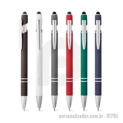 Caneta personalizada - Caneta esferográfica em alumínio com acabamento emborrachado. A caneta esferográfica tem clipe em metal, ponteira touch no topo e escrita em azul até 1,5 km. ø10 x 143 mm