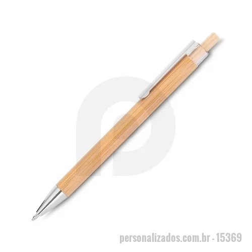 Caneta personalizada - Caneta Personalizada - 15369 - Caneta feita em bambu com acionamento por clique, ponteira e clip metálicos com detalhe em plástico. Possui carga esferográfica azul de 1.0mm.  Largura: 1,3 cm Comprimento: 14 cm Medidas aproximadas para gravação(CxL): 0,8 cm x 9 cm Peso aproximado(g): 7 - 179854 - Caneta
