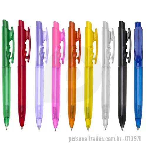 Caneta personalizada - Caneta esferográfica de translucido colorido, clipe de plástico e acionamento por clique com carga esferográfica Azul.