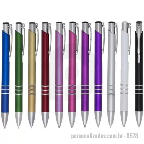 Caneta personalizada - Caneta esferográfica de plástico corpo inteiro colorido com detalhes de três anéis prata, clipe de metal e acionamento por clique, carga esferográfica azul.