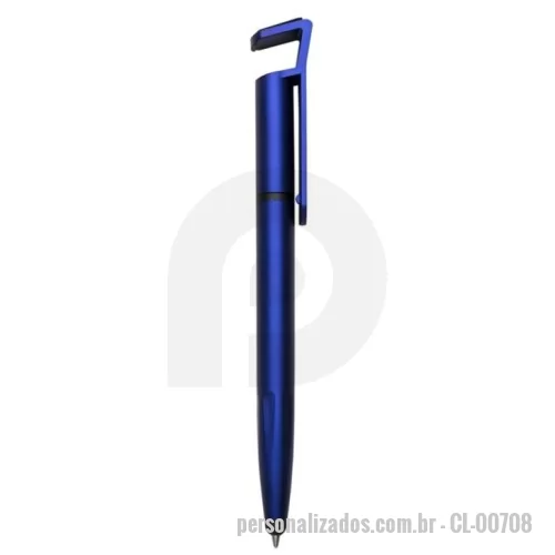 Caneta personalizada - Caneta plástica com suporte para celular, ponteira touch screen e limpador de tela. Carga esferográfica azul 1.0 mm e acionamento por rotação.