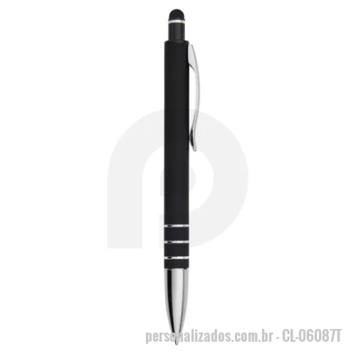 Caneta personalizada - Caneta metálica touchscreen com acabamento emborrachado, acionamento por clique e carga esferográfica azul 1.0mm.