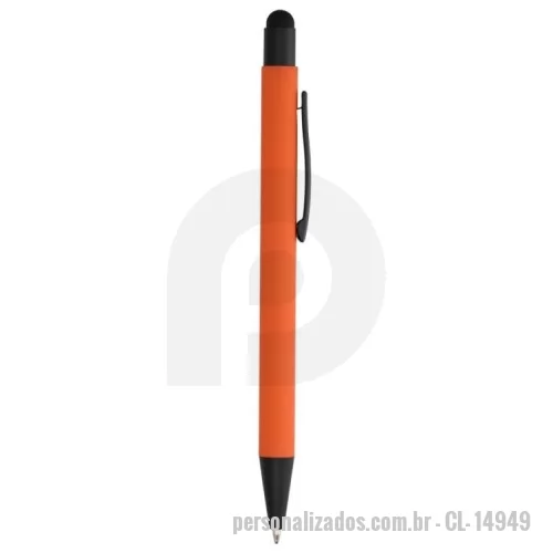 Caneta personalizada - Caneta metálica touchscreen com acabamento emborrachado, acionamento por clique e carga esferográfica azul 1.0mm.