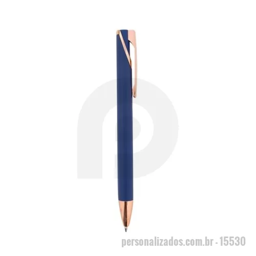 Caneta personalizada - Caneta metal com acabamento emborrachado. Possui acionamento por clique e carga esferográfica azul de 1,0mm.