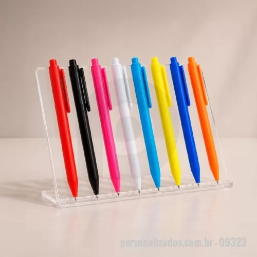 Caneta personalizada - Caneta plástica com acionamento por clique e carga esferográfica azul de 1,0mm.