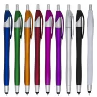 Caneta plástica com ponteira touch screen, carga esferográfica azul e acionamento por clique. Largura :  1,4 cm  Comprimento :  14,1 cm  Medidas aproximadas para gravação (CxL):  3,5 cm x 0,7 cm  Peso aproximado (g):  7