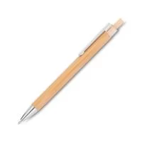 Caneta feita em bambu com acionamento por clique, ponteira e clip metálicos com detalhe em plástico. Possui carga esferográfica azul de 1.0mm.  Largura: 1,3 cm Comprimento: 14 cm Medidas aproximadas para gravação(CxL): 0,8 cm x 9 cm Peso aproximado(g): 7