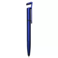 Caneta plástica com suporte para celular, ponteira touch screen e limpador de tela. Carga esferográfica azul 1.0 mm e acionamento por rotação.