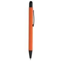Caneta metálica touchscreen com acabamento emborrachado, acionamento por clique e carga esferográfica azul 1.0mm.