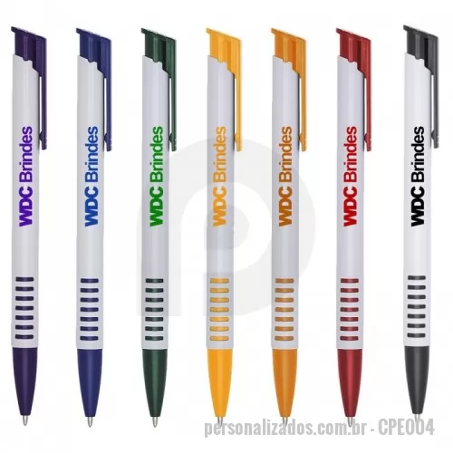 Caneta plástica personalizada - Caneta de plástico branca com botão e ponta coloridos, detalhes vazados na parte inferior