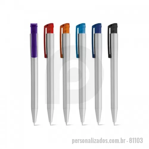 Caneta plástica personalizada - Esferográfica em ABS com acabamento metalizado e clipe translúcido colorido. Até 1,5 km de escrita. ø11 x 136 mm
