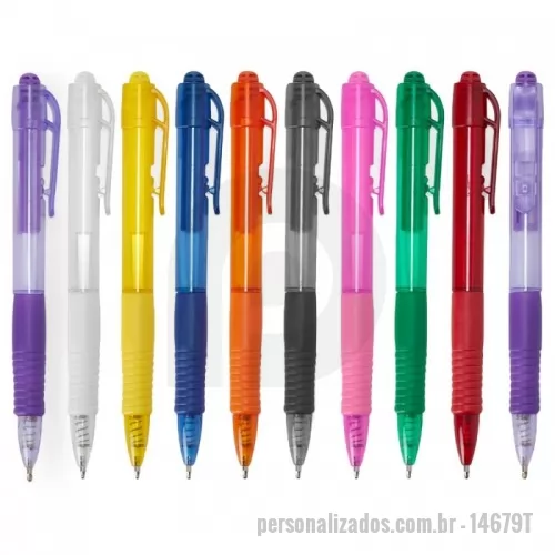 Caneta plástica personalizada - Caneta plástica com detalhe emborrachado, carga esferográfica azul e acionamento por clique.