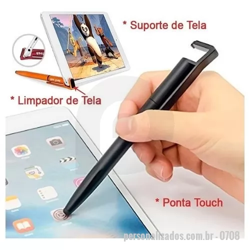 Caneta plástica personalizada -  Caneta plástica com suporte para celular, ponteira touch screen e limpador de tela. Carga esferográfica azul e acionamento por rotação.  Largura :  1,9 cm  Comprimento :  14,9 cm  Medidas aproximadas para gravação (CxL):  Clip 4 cm x 1 cm  Peso aproximado (g):  10