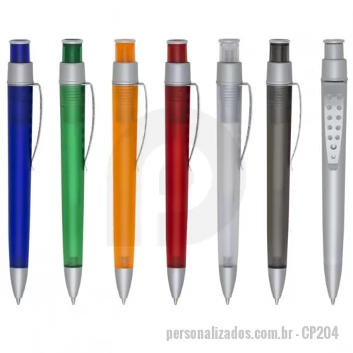 Caneta plástica personalizada - Caneta plástica Personalizada - CP204 - Caneta plástica com clip metálico vazado, carga esferográfica azul e acionamento por clique. - 153938 - Caneta plástica