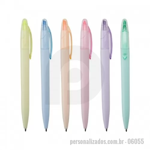Caneta plástica personalizada - Caneta marca texto. Caneta plástica com marca texto com tampa protetora para o marca texto, carga esferográfica azul 1.0mm e acionamento por rotação.