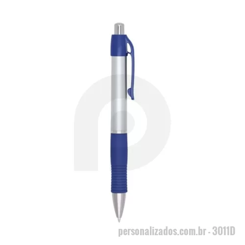 Caneta plástica personalizada - Caneta plástica com detalhe emborrachado, carga esferográfica azul e acionamento por clique.