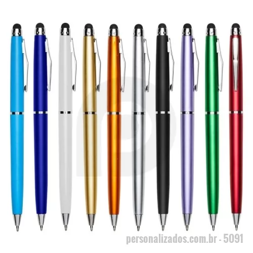 Caneta plástica personalizada -  Caneta plástica touch screen com acionamento por rotação e carga esferográfica azul 1mm.