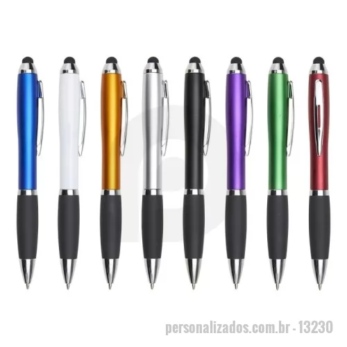 Caneta plástica personalizada - Caneta plástica com touch screen, acionamento por rotação e carga esferográfica azul 1mm.