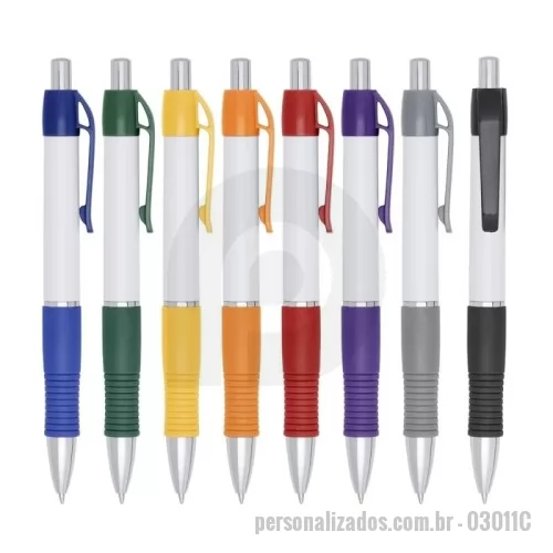 Caneta plástica personalizada - Caneta Plástica  Descrição: Caneta plástica com detalhe emborrachado, carga esferográfica azul e acionamento por clique.   OBS.: PEDIDOS MÍNIMO DE 50 PEÇAS!  Medidas aproximadas para gravação (CxL):  3 cm x 0,8 cm  Tamanho total aproximado  (CxL):  14 cm x 1,6 cm  Peso aproximado (g):  9
