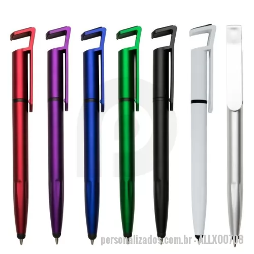 Caneta plástica personalizada - Caneta plástica com suporte para celular, ponteira touch screen e limpador de tela. Carga esferográfica azul e acionamento por rotação.