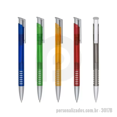 Caneta plástica personalizada - Descrição:  Caneta plástica com carga esferográfica azul 1.0 mm e acionamento por clique.