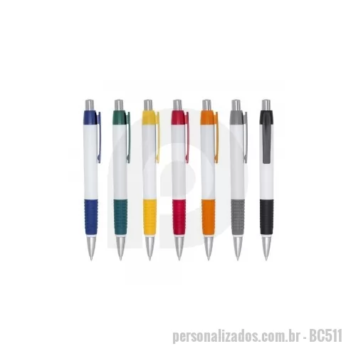 Caneta plástica personalizada - Caneta plástica com detalhe emborrachado, carga esferográfica azul 1.0 mm e acionamento por cliqu