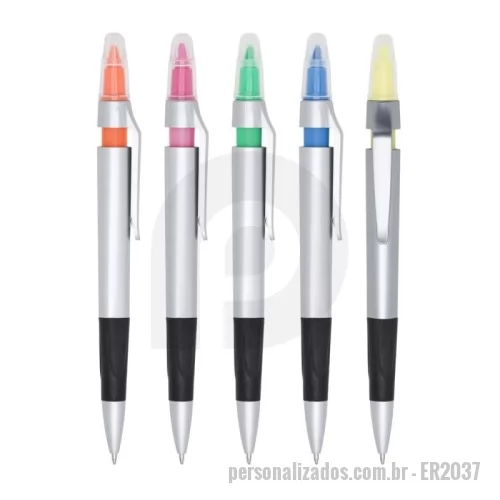 Caneta plástica personalizada - Caneta plástica com marca texto, contém detalhe emborrachado e tampa protetora para o marca texto. Carga esferográfica azul 1.0 mm e acionamento por clique.