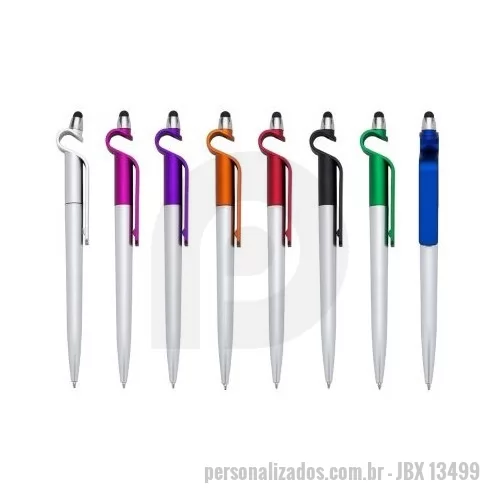 Caneta plástica personalizada - Caneta plástica com suporte para celular e touch screen. Carga esferográfica azul e acionamento por rotação.