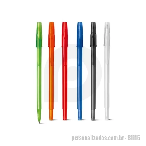 Caneta plástica personalizada - Caneta Esferográfica em PP com acabamento frost. Escrita em azul até 1,5 km. Produto certificado de acordo com a portaria Inmetro nº423 de 8/out/2021. ø8 x 151 mm