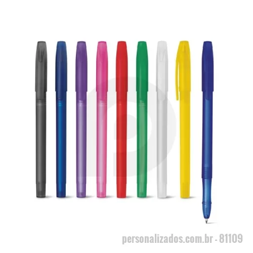 Caneta plástica personalizada - Caneta Esferográfica em PP e acabamento frost. Escrita em azul até 1,5 km. Produto certificado de acordo com a portaria Inmetro nº423 de 8/out/2021. ø10 x 142 mm