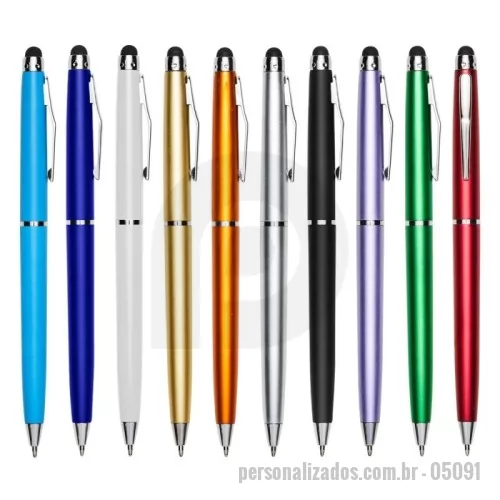 Caneta plástica personalizada - Descrição: Caneta plástica touch screen com acionamento por rotação e carga esferográfica azul 1mm.