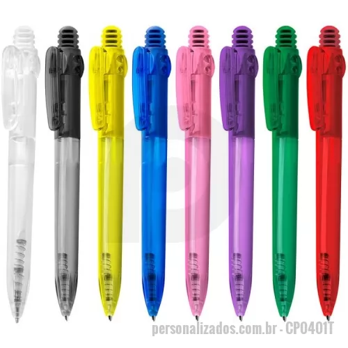 Caneta plástica personalizada - Caneta plástica translúcida esferográficaretrátil com grip, escrita azul e disponível em diversas cores. Confortável, funcional e ideal para ações promocionais.