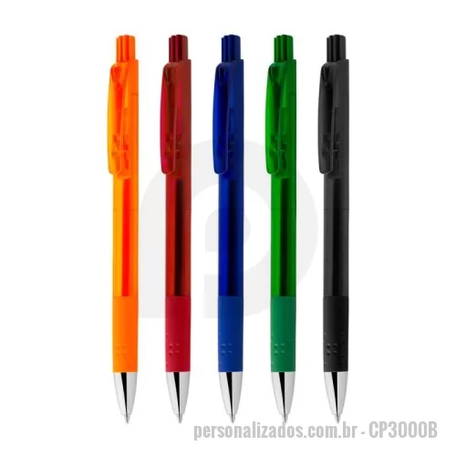 Caneta plástica personalizada - Caneta plástica com grip esferográfica retrátil escrita em azul.