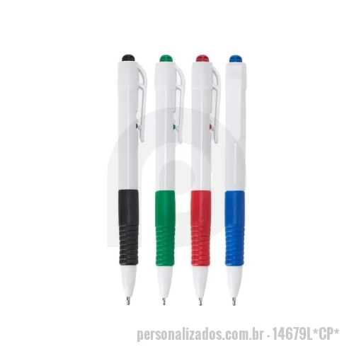 Caneta plástica personalizada - Caneta plástica com detalhe emborrachado, carga esferográfica preto 1.0 mm e acionamento por clique.