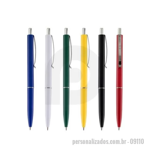 Caneta plástica personalizada - Caneta plástica Personalizada - 09110 - Caneta plástica com clip e ponteira em metal. Possui acionamento por clique e carga esferográfica azul de 1.0mm. - 179215 - Caneta plástica