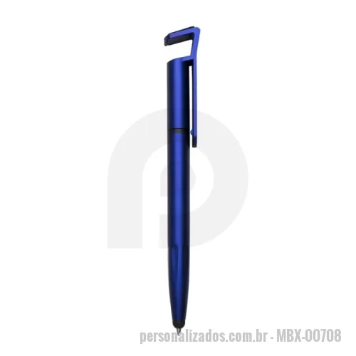 Caneta plástica personalizada - Caneta plástica com suporte para celular, ponteira touch screen e limpador de tela. Carga esferográfica azul 1.0 mm e acionamento por rotação.