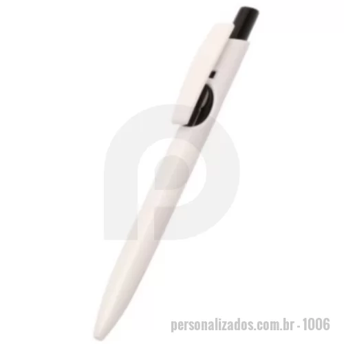 Caneta plástica personalizada - Caneta Plastica branca com detalhes no acionador e destravador Preta. Acionar por clique e para destravar basta apertar a parte inferior do clip. Carga de longa duração.