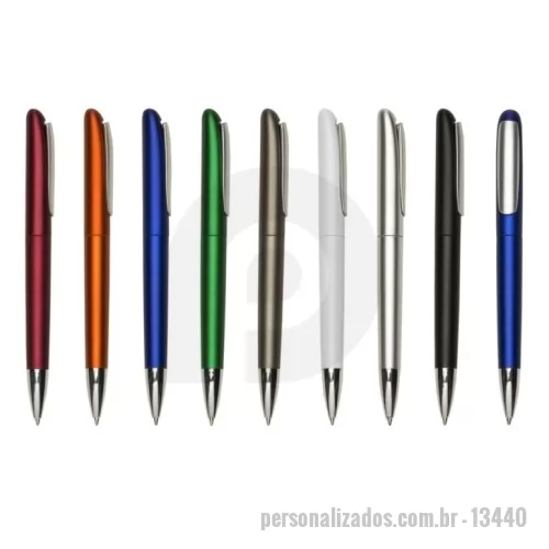 Caneta plástica personalizada - Descrição: Caneta plástica com carga esferográfica azul 1.0 mm e acionamento por clique no clipe.