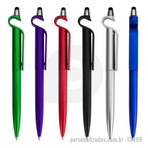 Caneta plástica personalizada - Descrição: Caneta plástica com suporte para celular e touch screen. Carga esferográfica azul e acionamento por rotação.