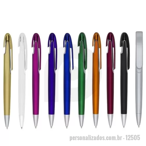 Caneta plástica personalizada - Descrição: Caneta plástica com carga esferográfica azul 1.0 mm e acionamento por clique.