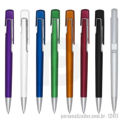 Caneta plástica personalizada - Descrição: Caneta plástica com carga esferográfica azul 1.0 mm e acionamento por clique.