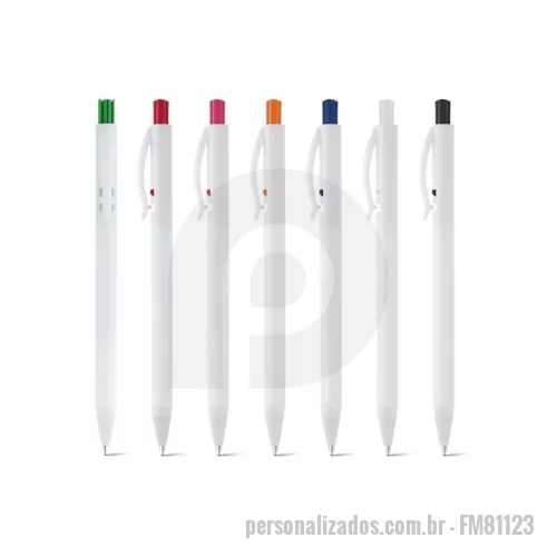 Caneta plástica personalizada - Caneta esferográfica em ABS com acabamento brilhante e mecanismo colorido. Escrita em azul até 1,5 km. Produto certificado de acordo com a portaria Inmetro nº423 de 8/out/2021. ø9 x 141 mm