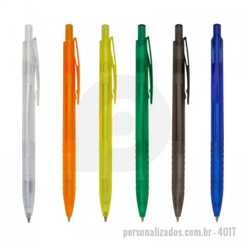 Caneta plástica personalizada - Caneta plástica translúcida inteira colorida. Clip plástico com detalhe vazado nas laterais, acionador e parte inferior preta com oito anéis em relevo. Aciona por clique.