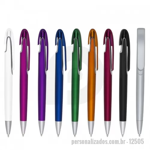 Caneta plástica personalizada - Caneta plástica inteira colorida com detalhes em prata. Possui um clip com design espaçoso ideal para gravação, aciona por clique.