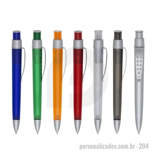 Caneta plástica personalizada - Caneta plástica fosca inteira colorida com detalhes prata.
