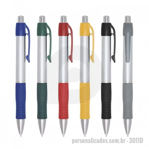 Caneta plástica personalizada - Caneta plástica prata com detalhes coloridos. 