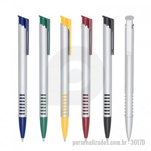 Caneta plástica personalizada - Caneta plástica corpo prata com detalhes coloridos.